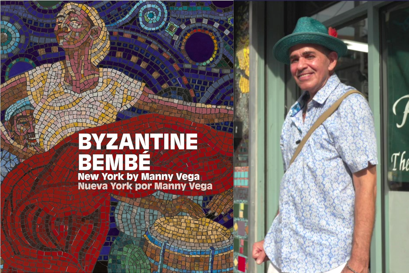 A colorful book cover entitled Byzantine Bembe with a photo of a man in a green hat 